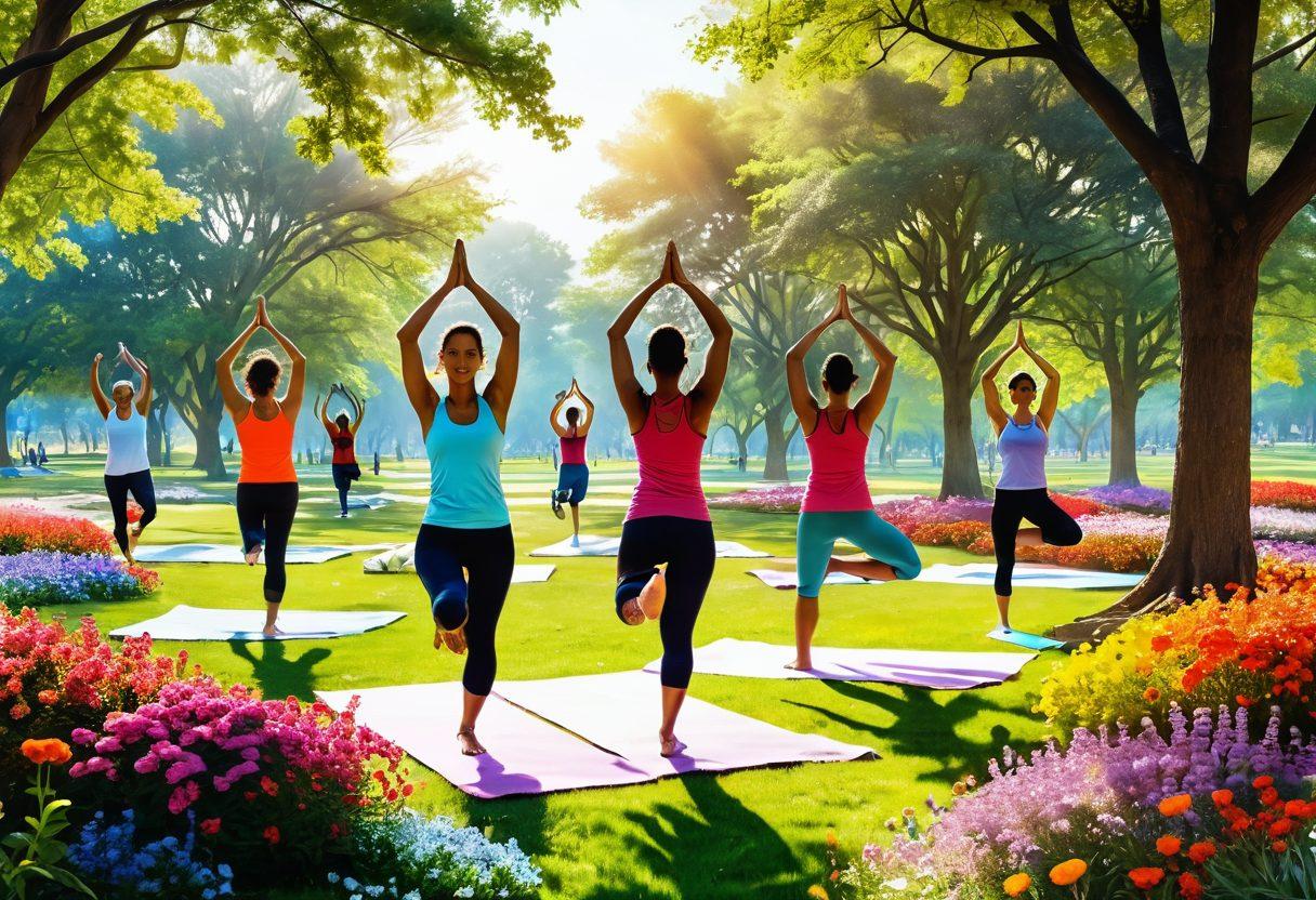 A vibrant morning scene featuring diverse individuals engaging in various energetic activities like yoga, jogging, and meditation in a sunlit park. Bright, colorful flowers bloom around them, symbolizing growth and vitality. Incorporate elements of nature, like trees and birds, to enhance the lively atmosphere. The image should evoke feelings of positivity and health. super-realistic. vibrant colors. white background.
