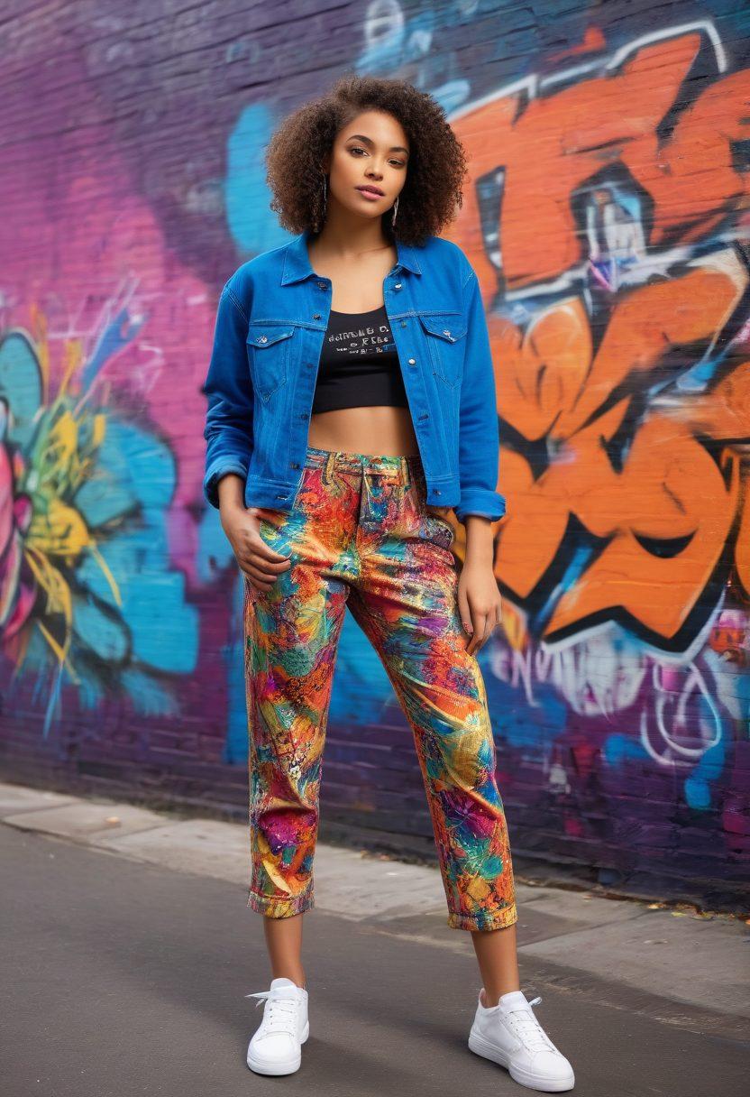 A modern, stylish young woman radiating confidence, surrounded by vibrant colors and playful patterns symbolizing youth and vibrancy. She wears a trendy outfit that combines bold colors and textures, embodying a youthful spirit. The background is a lively urban setting with graffiti and street art, emphasizing creativity and self-expression. The composition captures a sense of movement and energy, inviting viewers to embrace their own allure. super-realistic. vibrant colors. 3D.