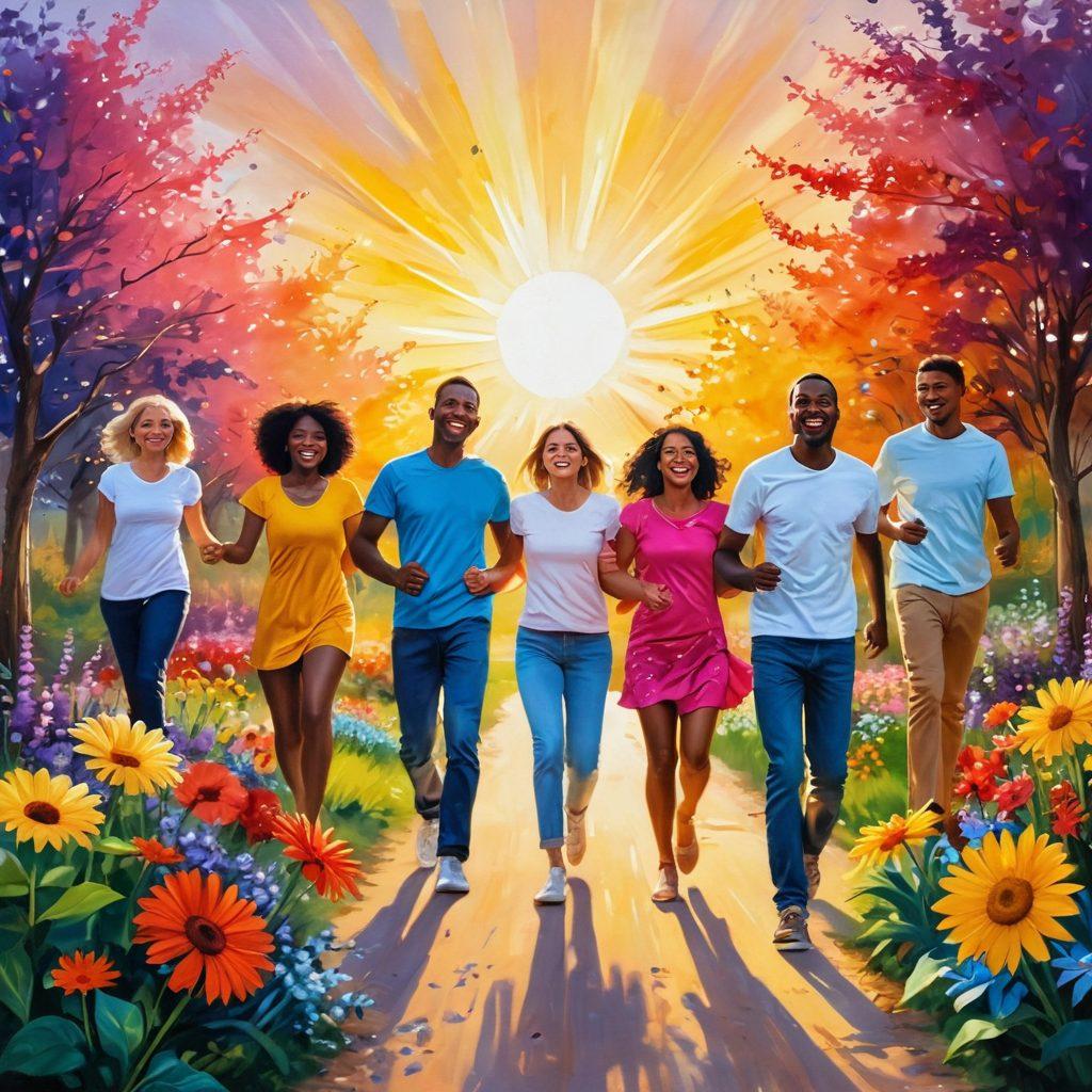 A radiant sunburst illuminating a path lined with vibrant flowers, symbolizing joy and energy. In the foreground, a diverse group of joyful people, laughing and engaging in fun activities like dancing and painting, embodying a vibrant lifestyle. Soft, warm colors evoke a sense of happiness and allure, while abstract swirls in the background represent the secrets of life. Capture this in a super-realistic style with a touch of impressionism.